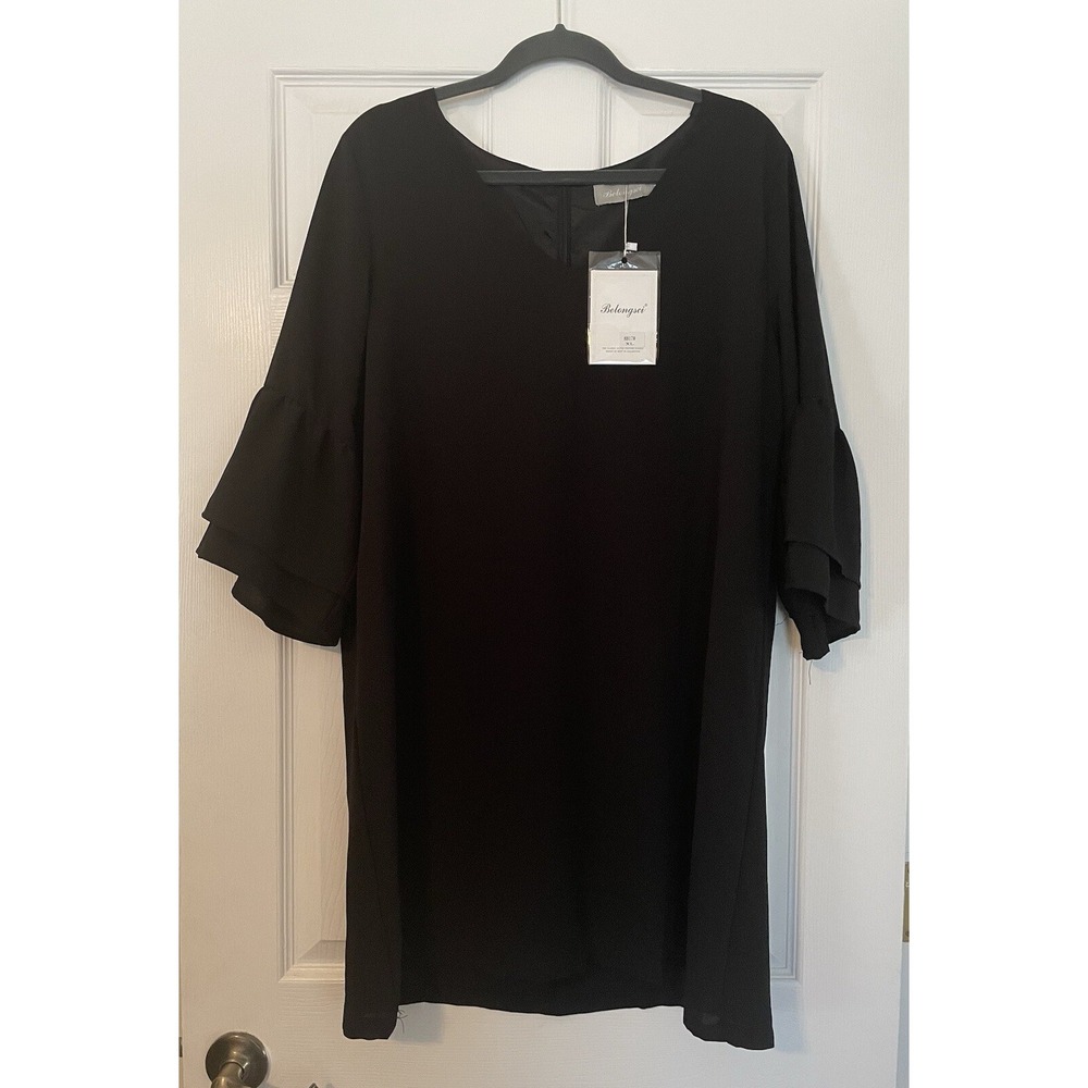BELONGSCI Shift Dress XL Black LBD, Cocktail, Party, Bell Sleeve, Mini, V-Neck